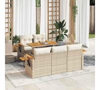 LoogCape Ensemble de 6 canapés de jardin en polyrotin beige et bois d'acacia, avec espace de rangement, sac imperméable et étagère pliable pour terrasse, balcon