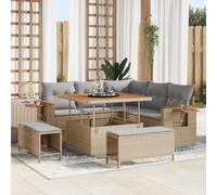 LoogCape Ensemble de 8 pièces Canapé de Jardin avec Coussins Beige et Gris Clair Poly Rotin Acier Revêtement en Poudre Résistant aux UV pour Terrasse, Balcon et Jardin, Table Inclue