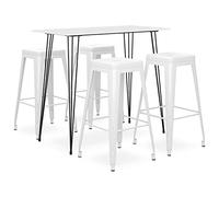 LoogCape Ensemble de bar 5 pièces blanc avec table et tabourets empilables en métal pour salle à manger moderne, cuisine, bar, jardin ou restaurant, ensemble de meubles peu encombrant avec table en