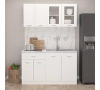 LoogCape Ensemble de cuisine 4 pièces Lyon blanc en bois et verre avec armoire suspendue, armoire basse, vitrine et meuble sous évier, espace de rangement pour cuisine, salle à manger, couloir