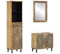 LoogCape Ensemble de meubles de salle de bain 3 pièces en bois de manguier massif avec meuble sous lavabo, armoire haute et miroir, finition naturelle, motif sculpté à la main, 62 x 33 x 58 cm