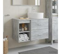 LoogCape Ensemble de meubles de salle de bain - Gris béton - 2 pièces - Avec lavabo - Montage mural - Avec robinet de lavabo - Espace de rangement avec tiroir et étagère