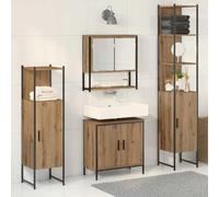 LoogCape Ensemble de mobilier de Salle de Bain 4 pièces Marron en Bois d'ingénierie avec Miroir, Armoire, Colonne, Meuble sous lavabo, Rangement Compact pour Toilette, Maquillage, Douche