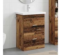 LoogCape Ensemble de mobilier de Salle de Bain en Bois Ancien avec lavabo intégré, Rangement tiroirs, Porte Suspendu et Miroir Double pour Espace Contemporain Pratique et élégant