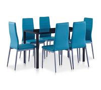 LoogCape Ensemble de salle à manger 7 pièces bleu avec table à manger et chaises en verre trempé et cuir synthétique, design moderne, idéal pour salle à manger et cuisine, peu encombrant, durable
