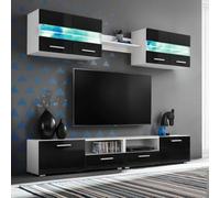 LoogCape Ensemble Mural TV 5 pièces Noir Brillant avec lumières LED pour Salon Moderne, Support multimédia, Meuble TV avec Portes rabattantes, étagère en Verre et Rangement