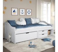 LoogCape iRun Lit de jour blanc 90 x 200 cm, cadre de lit en pin massif avec 3 tiroirs, canapé-lit polyvalent pour chambre à coucher, lit d'appoint robuste