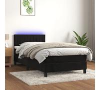 LoogCape Lit à sommier tapissier, avec matelas et LED, noir, 90 x 200 cm, housse en velours, tête de lit réglable en hauteur, ressorts ensachés, meubles de chambre à coucher