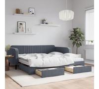 LoogCape Lit de jour extensible avec tiroirs, velours gris foncé, 100 x 200 cm, 2 matelas en mousse, cadre de lit robuste avec espace de rangement