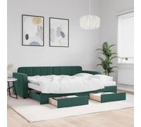 LoogCape Lit de jour extensible avec tiroirs, velours vert foncé, 80 x 200 cm, 2 matelas en mousse, cadre en métal et bois robuste, lit d'appoint avec espace de rangement pour le salon