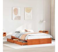 LoogCape Lit double en pin massif avec espace de rangement, 3 pièces, marron ciré, lit double avec tiroirs, cadre de lit pour chambre à coucher, avec sommier à lattes et espace de rangement, durable
