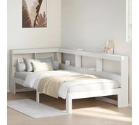 LoogCape Lit en bois massif blanc 90 x 200 cm Cadre de lit en pin avec tête de lit étagère, en forme de L, espace de rangement, sans matelas, meubles de chambre à coucher