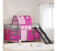 LoogCape Lit mezzanine pour adolescent, noir, rose, 90 x 190 cm, en métal, avec toboggan, rideaux, arche, meuble de chambre d'enfant, respirant et durable