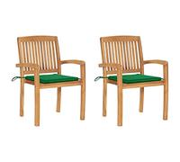 LoogCape Lot de 2 chaises de jardin avec coussins verts en teck massif, empilables et résistants aux intempéries, idéales comme chaise de balcon, chaise de terrasse, chaise de bistrot avec accoudoirs
