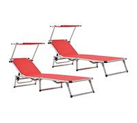 LoogCape Lot de 2 chaises longues pliables avec auvent en aluminium et textilène rouge, dossier réglable, plage, jardin, balcon, terrasse, extérieur
