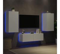 LoogCape Lot de 3 meubles TV muraux avec lumières LED en bois blanc, 100 x 35 x 31 cm, montage mural, design moderne, espace de rangement polyvalent
