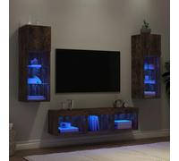 LoogCape Lot de 5 meubles de salon en bois de chêne fumé, meuble TV moderne avec éclairage LED RVB, robuste, montage mural, espace de rangement polyvalent pour le salon