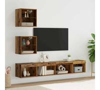 LoogCape Lot de 5 unités murales TV avec LED - En bois vieilli - Montage mural avec espace de rangement et étagères en verre - Pour salon, chambre à coucher, moderne, vintage, flottant, peu encombrant