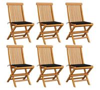 LoogCape Lot de 6 chaises de jardin pliantes avec coussins noirs, en teck massif, résistantes aux intempéries, empilables, confort d'assise pour terrasse, balcon et jardin, avec accoudoirs et dossier