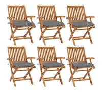LoogCape Lot de 6 chaises de jardin pliantes en teck massif avec coussins gris, résistantes aux intempéries, empilables, avec dossier et accoudoirs, idéales comme chaise de balcon, chaise de terrasse