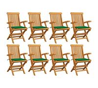 LoogCape Lot de 8 chaises de jardin en teck massif avec coussins verts, pliables, avec accoudoirs, résistantes aux intempéries, pour terrasse, balcon et jardin, confort d'assise détendu, durables