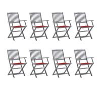 LoogCape Lot de 8 chaises de jardin pliantes en bois d'acacia massif avec coussin, résistantes aux intempéries, empilables, avec coussin, idéales pour terrasse, balcon, jardin, assise confortable et