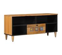 LoogCape Meuble TV avec étagère naturel 100 x 33 x 46 cm en bois massif de mangue, buffet moderne avec tiroir et étagères pour salon, home cinéma et jeux