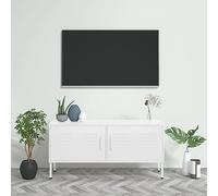 LoogCape Meuble TV blanc 105 x 35 x 50 cm en acier robuste avec 2 portes, étagère et gestion des câbles, support TV universel pour salon, étagère TV durable