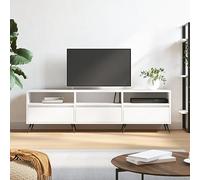 LoogCape Meuble TV blanc, 150 x 30 x 44,5 cm, en bois dérivé du bois, 6 compartiments, plateau de table stable, pieds en fer, design moderne, support TV universel pour salon