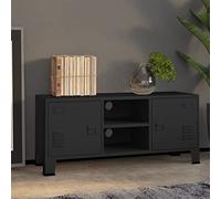 LoogCape Meuble TV de style industriel noir 105 x 35 x 42 cm, en métal, avec 2 portes, porte-badge, gestion des câbles, meuble TV bas robuste pour salon, meuble multimédia