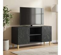 LoogCape Meuble TV en bois noir 102 x 34,5 x 50 cm avec design vintage, espace de rangement, étagère et pieds en eucalyptus pour salon, coin gaming, peu encombrant et moderne