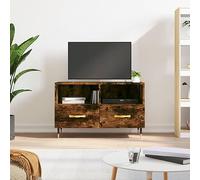 LoogCape Meuble TV en chêne fumé, 80 x 36 x 50 cm, matériau en bois avec pieds en fer, 2 tiroirs et compartiments, support TV stable pour salon, support TV universel