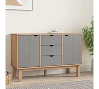 LoogCape OTTA Buffet marron gris 113,5 x 43 x 73 cm en pin massif avec 3 tiroirs et 2 compartiments pour salon, salle à manger, couloir, bureau
