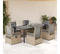 LoogCape Salon de jardin 7 pièces en polyrotin avec chaises réglables, table en verre 200 x 100 cm, avec coussins, résistant aux UV, pour terrasse et balcon Beige
