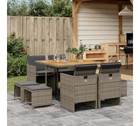 LoogCape Salon de jardin de 9 pièces avec coussins gris en rotin synthétique, design cube peu encombrant, résistant aux UV, aux intempéries, pour terrasse, balcon et jardin, plateau de table en bois