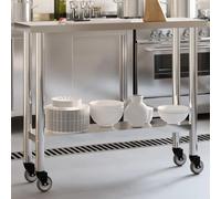 LoogCape Table de travail de cuisine en acier inoxydable avec roulettes 110 x 30 x 85 cm, station de travail mobile pour restaurants, bars, grandes cuisines, collations, restauration, avec 2 roulettes