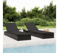 LoogCape Transats 2 pcs avec Table Noir résine tressée pour extérieur Chaise Longue inclinable Fauteuil Relax lit chilienne Coussin pour Jardin terrasse Balcon Piscine Plage Confort