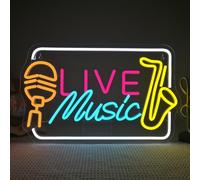 Looklight Live Music Saxophone néon - Panneau LED - Inscription « Live Music » - Décoration murale - USB - Intensité variable - Atmosphère musicale à intensité variable - Pour bière, bar, rock, studio
