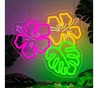 Looklight Monstera Enseigne Lumineuse Hibiscus Panneau Néon Jungle Plaque Lumineuse Fleurs & Feuille Décoration Murale LED Éclairage Botanique pour Jardin, Maison, Bureau, Cadeaux pour Maman, Papa