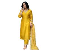 LookMark Ensemble de pantalon Kurta en soie mélangée avec impression numérique en coton Mal et broderie pour toutes les occasions indiennes, Jaune, 44