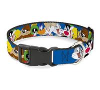 Looney Tunes Collier pour Chien avec Boucle en Plastique, 7 Visages de Personnages de Looney Tunes empilés Bleu, 17,8 à 21,6 cm, 1,3 cm de Large