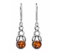 Looped Celtic Knot Baltic Green/Orange Amber 925 Sterling Silver Earrings - Long Celtic Top Amber Dangly/Dangle Drop Stud Earrings - Amber Jewellery for Women