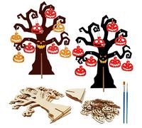 LOOPES Arbre d'Halloween,6 sets de décorations d'arbre d'Halloween avec tranches de bois de citrouille, pinceaux de peinture et fils d'argent en bois inachevé Ornements diy pour enfants