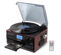 LoopTone Lecteur de disque 10 en 1 Bluetooth entrée/sortie 3 vitesses en vinyle vintage, lecteur CD, cassette AM/FM, 2 haut-parleurs intégrés, enregistreur USB/SD, entrée auxiliaire RCA Line-Out