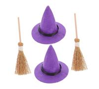LOORGVEL 2 Ensembles Mini Set de Décoration Halloween avec Chapeaux de Violets et Mini Balais Paille Naturelle Accessoires Artisanaux pour Maison de Poupée et Loisirs Lot