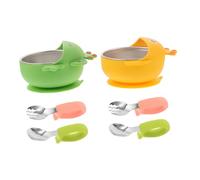 LOORGVEL 2 Ensembles Stainless Steel Suction Bowls With Silicone Sleeve Non Cute Crown Duck And Frog Patterns With Spoon And Fork For Feeding