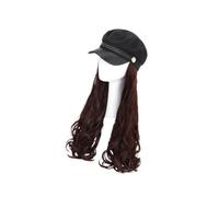 LOORGVEL Casquette Perruque Femme Longue Bouclée avec Chapeau Intégré Synthétique Résistante Chaleur Style Naturel Châtain Cosplay Fêtes et Mariages