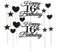LOORGVEL Lot de 10 set de Décorations de Gâteau Pailletées pour 16E Anniversaire Chiffres Noirs Pics de Cœur et Étoile Bannière « Joyeux 16E Anniversaire » pour Fête D’Adolescent Élégante