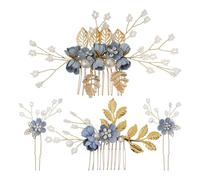 LOORGVEL Set de Épingles à Cheveux Fleuries Perles Bleues Peignes Latéraux pour Mariée Accessoires de Coiffure Décoratifs pour Mariage et Cérémonie