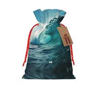 Lootpe Grand sac cadeau de Noël avec imprimé vague vert océan, sacs de vacances réutilisables pour cadeaux, sacs cadeaux en toile de jute avec cordons de serrage